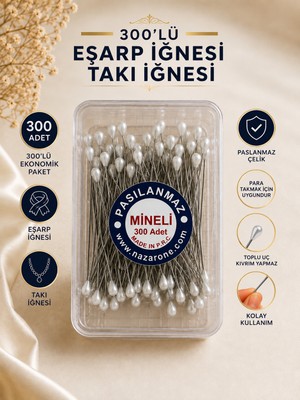 Beraye Iğne, 300 Adet Beyaz Renk Toplu Iğne, Türban Eşarp Başörtüsü Şal Düğün Nikah Nişan Kına Sünnet Takı Iğnesi