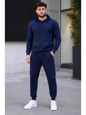 Veraura Lifestyle Erkek Iki Iplik Kapüşonlu Kanguru Cepli Sweatshirt Jogger Pantolon Alt Üst Eşofman Takımı - Lacivert