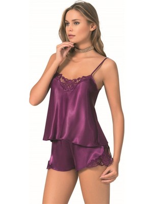 Beruflic Mor Saten Babydoll Şort Takımı Zarif Kadın Gece Giyim Under Moda