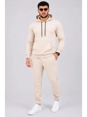 Veraura Lifestyle Erkek Iki Iplik Kapüşonlu Kanguru Cepli Sweatshirt Jogger Pantolon Alt Üst Eşofman Takımı -Bej