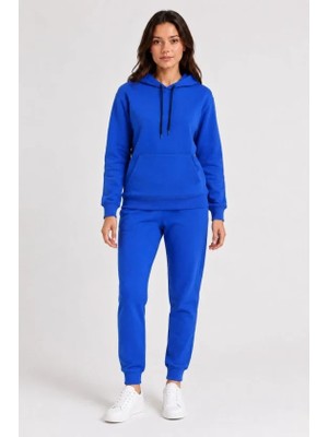 Veraura Lifestyle Iki Iplik Kapüşonlu Kanguru Cepli Jogger Alt Üst Eşofman Takımı - Saks Mavisi