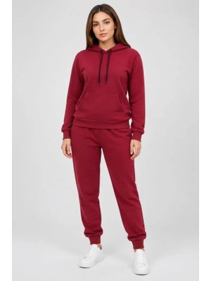 Veraura Lifestyle Iki Iplik Kapüşonlu Kanguru Cepli Jogger Alt Üst Eşofman Takımı - Bordo