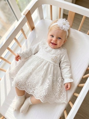 Bebila Baby Kız Bebek Mevlütlük Elbise Bandanalı Dantelli Yenidoğan Hastane Çıkışı Gelinlik Abiye %100 Pamuk Mevlitlik 4036