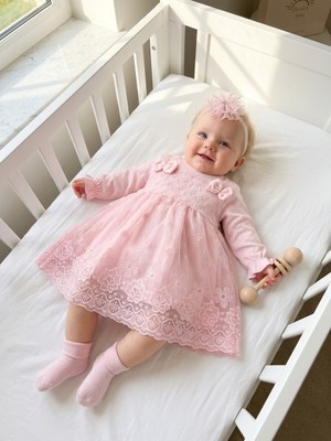 Bebila Baby Kız Bebek Mevlütlük Elbise Bandanalı Dantelli Yenidoğan Hastane Çıkışı Gelinlik Abiye %100 Pamuk Mevlitlik 4038