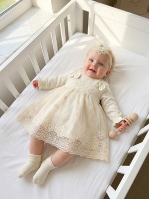 Bebila Baby Kız Bebek Mevlütlük Elbise Bandanalı Dantelli Yenidoğan Hastane Çıkışı Gelinlik Abiye %100 Pamuk Mevlitlik 4038