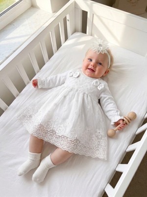 Bebila Baby Kız Bebek Mevlütlük Elbise Bandanalı Dantelli Yenidoğan Hastane Çıkışı Gelinlik Abiye %100 Pamuk Mevlitlik 4038