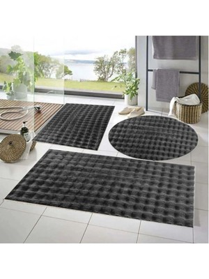 Talvora Home 3'lü Kaymaz Taban Bubble Peluş Banyo Paspası Koyu Gri 50X50(YUVARLAK)-50X50 ve 50X70