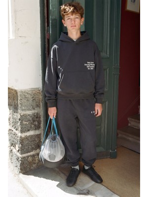 Magu Çocuk Pamuklu Daily Core Baskılı Siyah Kapüşonlu Sweatshirt ve Eşofman Altı Takımı