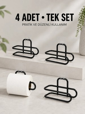 Veraura Lifestyle Duvara Yapışkanlı Wc Kağıtlık Siyah Metal 4 Adet Tuvalet Kağıdı Rulo Askısı