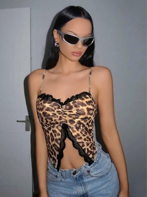 Pileli Store Kadın Leopar Desenli Crop Önden Dantel Detaylı 5095