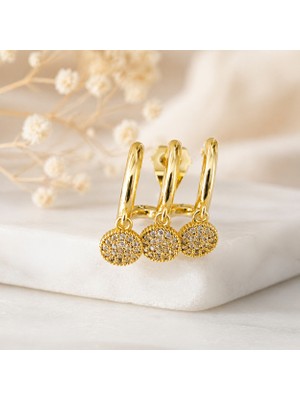 Zefrimo Xuping Üçlü Halka Detaylı Zirkon Taşlı Gold Küpe Sallantılı Şık Tasarım Kadın Küpe