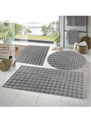 Talvora Home 3lü Kaymaz Yaban Bubble Peluş Banyo Paspası Açık Gri 50*50(Yuvarlak) 50*50 ve 50*70