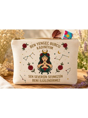 Kova Burcu Kadını Baskılı Keten El Çantası – Fermuarlı Makyaj , Plaj & Kozmetik Çantası