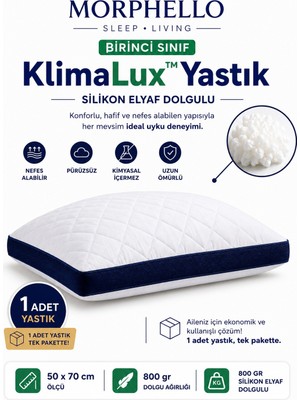 Morphello Klimalux Birinci Sınıf Klimalı Yastık 50X70 cm 800 gr Silikon Elyaf Dolgulu Nefes Alan Yan Spacer