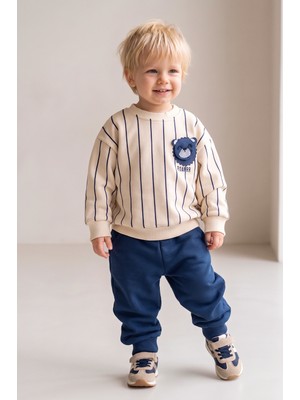 Babymod Erkek Bebek Ayıcık Figürlü Çizgili Krem Sweatshirt ve Lavivert Alt Eşofman Takımı