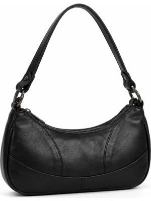 Levano Leather Hakiki Dana Derisi Kadın Omuz Çantası – Siyah Baget Çanta, Fermuarlı Günlük ve Şık El Çantası