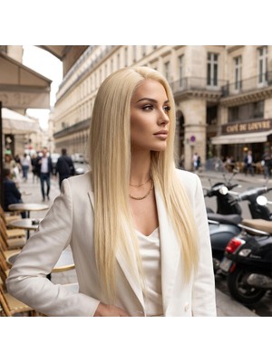 Colezium Gerçek Front Lace Düz Platin Tül Peruk / 55/60CM