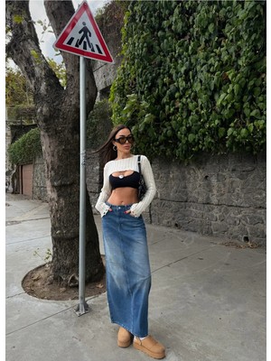 Harmony Factory Yüksek Bel Yırtmaçlı Maxi Denim Etek Mavi