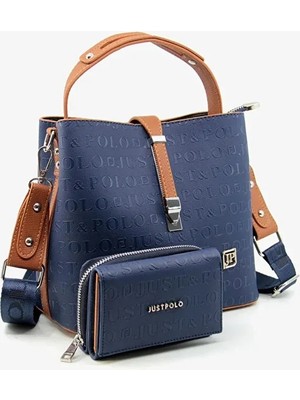 Just Polo Kadın Lacivert Taba 3 Bölmeli Orta Boy Omuz Çantası Ve Cüzdanı MH4002MH