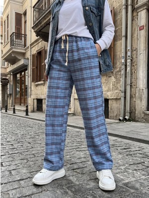 Harmony Factory Wide Leg Ekose Desenli Yüksek Bel Bağcıklı Pijama Pantolon Kadın