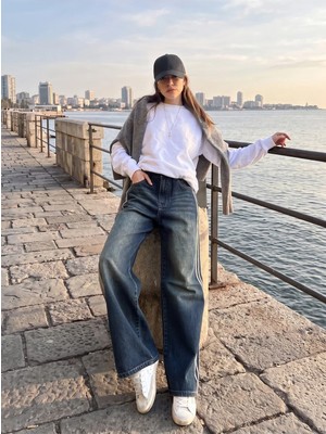 Harmony Factory Wide Leg Yüksek Bel Yan Şeritli Vintage Yıkamalı Kot Pantolon