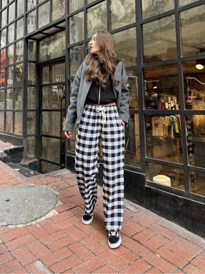 Harmony Factory Wide Leg Ekose Desenli Yüksek Bel Bağcıklı Pijama Pantolon Kadın