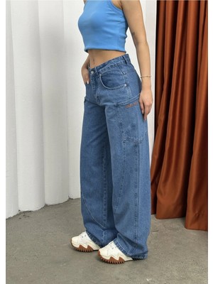 Harmony Factory Wide Leg Yüksek Bel Carpenter Cep Detaylı Mavi Kot Pantolon