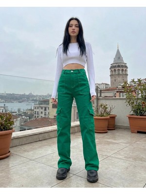 Harmony Factory Yeşil Kargo Cepli Yüksek Bel Wide Leg Bol Paça Kot Pantolon