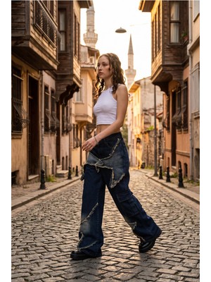 Harmony Factory Yıldız Yamalı Püsküllü Cargo Baggy Wide Leg Kot Pantolon