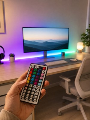 Ematcrt Rgb Şerit LED 5 Metre 5050 Smd Kumandalı Çok Renkli Ev Oda Tv Arkası Dekoratif Aydınlatma - Lisinya