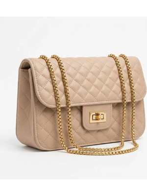 Ematcrt Bej Kapitone Suni Deri Gold Zincirli Omuz Çanta 23×16 cm - Lisinya