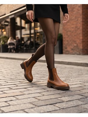 Futsi Shoes Verona Taba Hakiki Deri Kalın Tabanlı Lastik Detaylı Kadın Bot