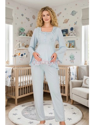 Quilling Bebe Mavi Renkli, Dantel Detaylı, 33205 Uzun Kol, 2 Parça Lohusa Hamile Pijama Takımı
