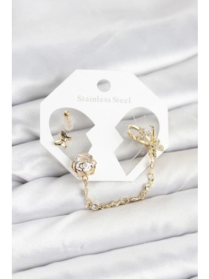 Semel Pirinç Gold Renk Kelebekli Model Zincir Bağlantılı Ear Cuff Küpe Seti