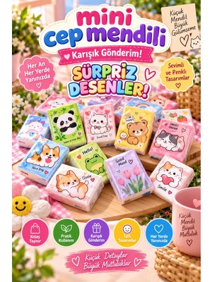 Tasarım Evi 9'lu Mini Karakterli Mini Cep Mendil Seti | Renkli Desenli Yumuşak Kağıt Mendil | Hijyenik 9'lu Paket