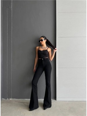 Woddi Jnsworld Ispanyol Siyah Kot Yüksek Bel Likralı Ekstra Esnek Flare Jeans Kot Pantolon