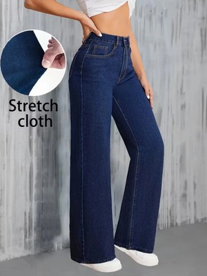 Woddi Çnr Kadın Yüksek Bel Lacivert Salaş Jeans Likralı Esnek Kot Pantolon Yeni Hsn-1