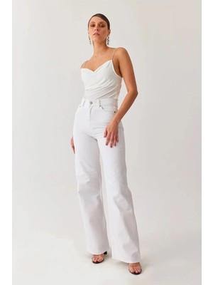 Woddi Trend Yüksek Bel Wide Leg Beyaz Palazzo Pantolon Bol Paça Jeans (1 Beden Büyük Alınız)