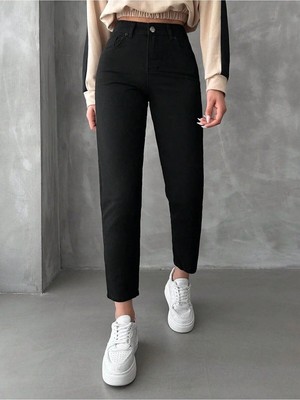 Woddi Likralı Kadın Mom Siyah Fit - Yüksek Belli Rahat Jean Pantolon-4