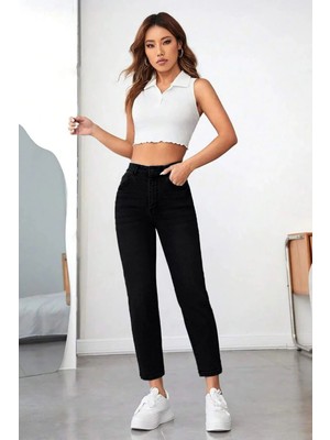 Woddi Mom Siyah Kadın Likralı Mom Jean Kot Pantolon-2