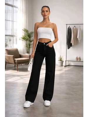 Woddi Nvn Flex Yüksek Bel Siyah Kot Pantolon Siyah Salaş Jeans Likralı Esnek Palazzo New Sezon