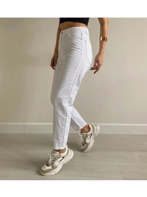 Woddi Beyaz Mom Likralı Kadın Jean Kot Pantolon-1