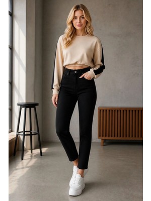 Woddi Ada Kadın Siyah Mom Likralı Jean Kot Pantolon New-1