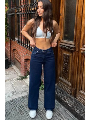 Woddi Lacivert Salaş Çnr Kadın Yüksek Bel Palazzo Jeans Likralı Esnek Kot Pantolon Yeni Hsn-2