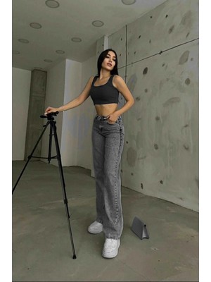 Woddi Antrasit Salaş Çnr Kadın Yüksek Bel Palazzo Jeans Likralı Esnek Kot Pantolon Yeni Hsn-2