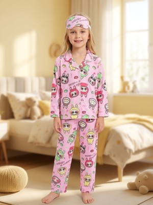 Enie Kız Çocuk Labubu Desenli Uzun Kollu Uyku Gözlüklü Düğmeli Pijama Takımı