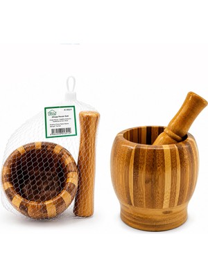 Akıllı Bayi Ahşap Bambu - Çizgili Havan Sarımsak Dövecek Ç: 8cm--D: 7cm--Y:10.5cm Fileli Ambalaj