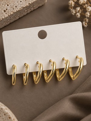 Serelya 925 Ayar Gümüş Çivi Pirinç Gold Renk Üçgen Model Kadın Küpe Seti