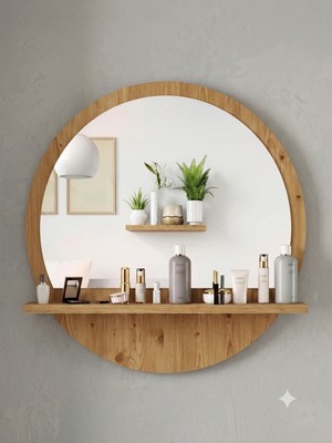 meDDex Yuvarlak Raflı Ayna 45CM Atlantik Çam Dresuar Hol Koridor Salon Banyo Wc Ofis Çocuk Yatak Odası 45RA