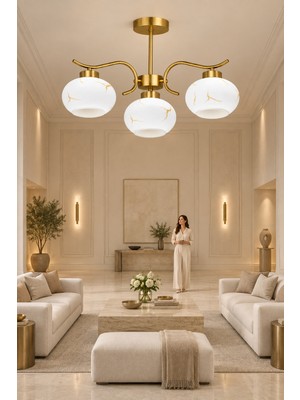 Esslight Bianca 3’lü Eskitme Plafonyer Mermer Desen Camlı Avize Salon Mutfak Yatak Odası